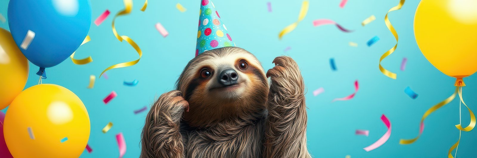 Sloth celebrates with party hat and colorful decorations at cheerful event